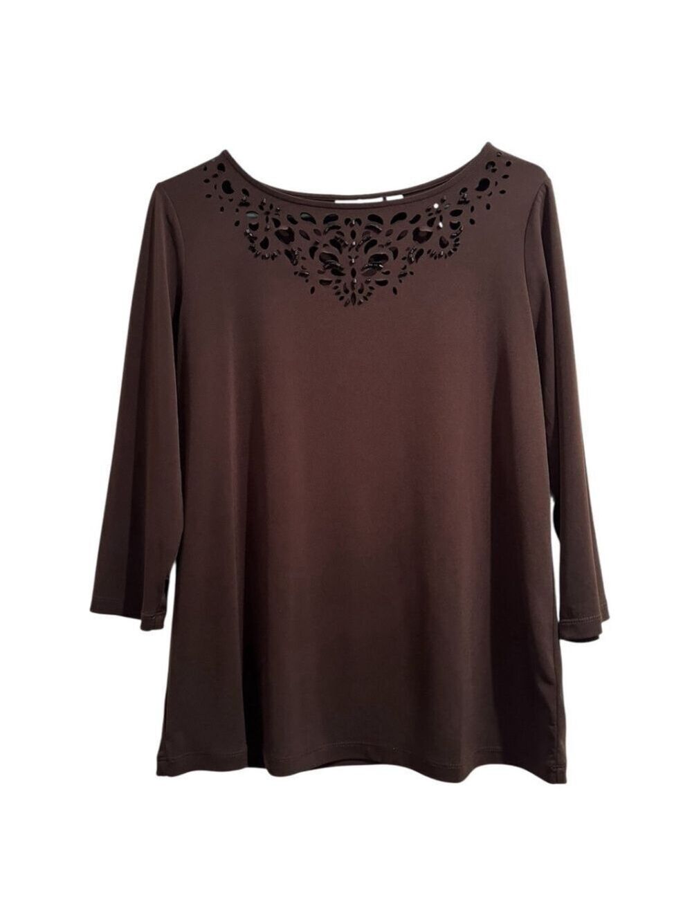 Susan Graver Beaded Blouse W/ Chic Cut Outs Womens Size Small Brown 3/4 Sleeves